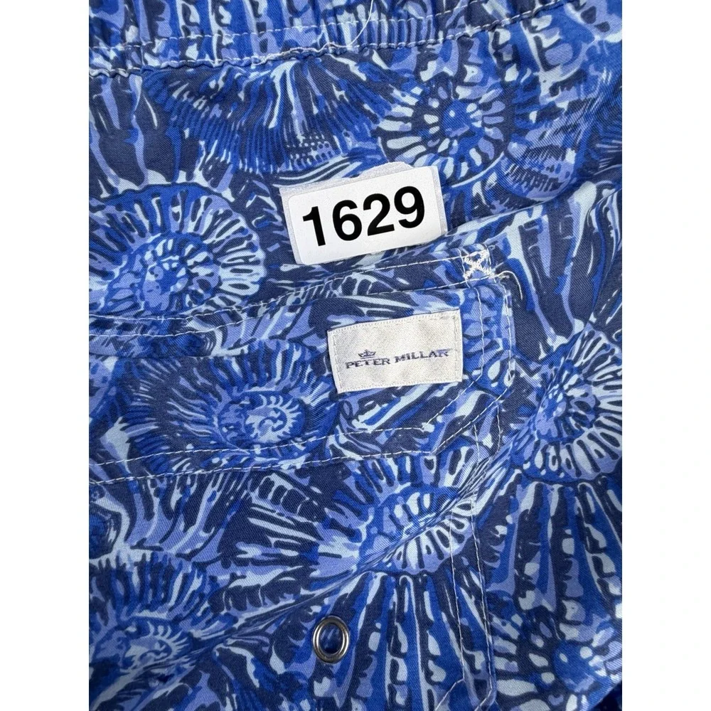 Peter Millar Shell Print Men's XL Swim Shorts Blue Drawstring Waist‎ Pockets